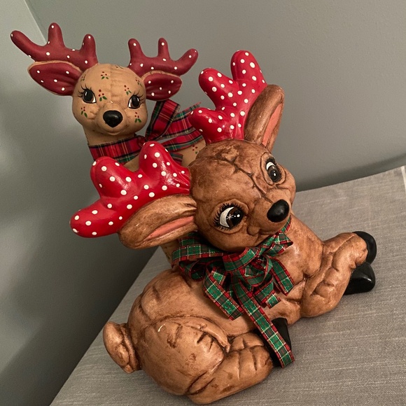 Vintage Ceramic Reindeer Figures Hand Painted Brown with Red Polka Dot Antlers - Picture 1 of 8